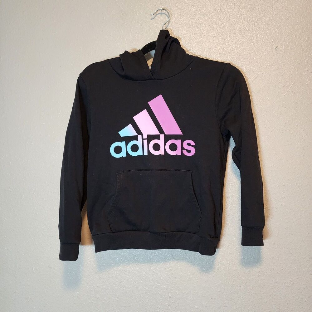 Adidas Girls Medium M 10/12 Black Pink Gradient Logo Pullover Slim Fit Hoodie